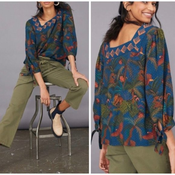 Farm Rio Blue Bianca Blouse Tropical Size Small - Picture 1 of 11